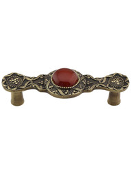 Victorian Jewel Pull Inset with Red Carnelian - 3 inch Center-to-Center in Antique Brass.